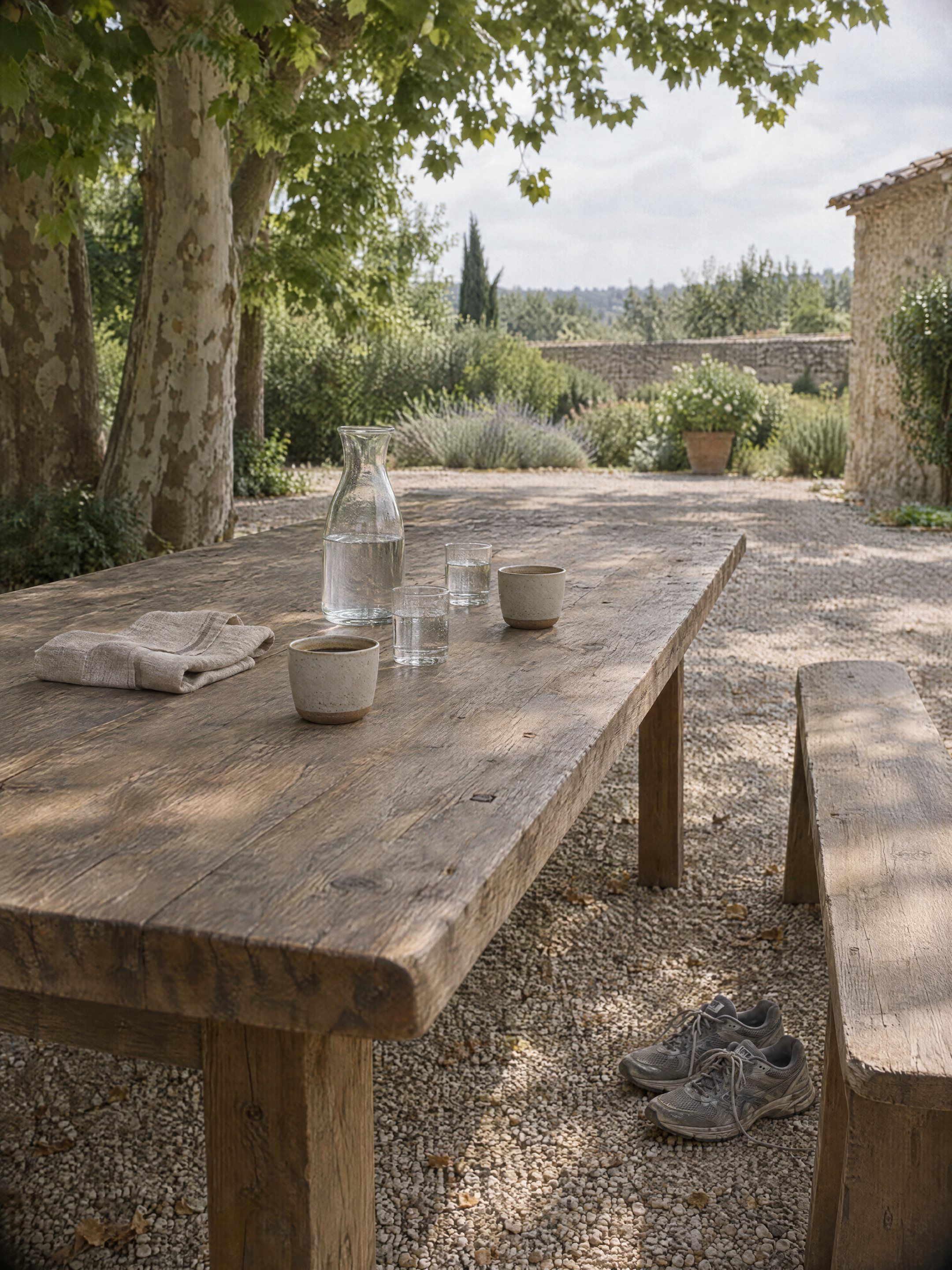 Image d’ambiance — une longue table de bois sous les platanes au milieu de la matinée, après la course : une carafe d’eau, deux tasses, une serviette pliée, des chaussures de course posées sur le gravier.