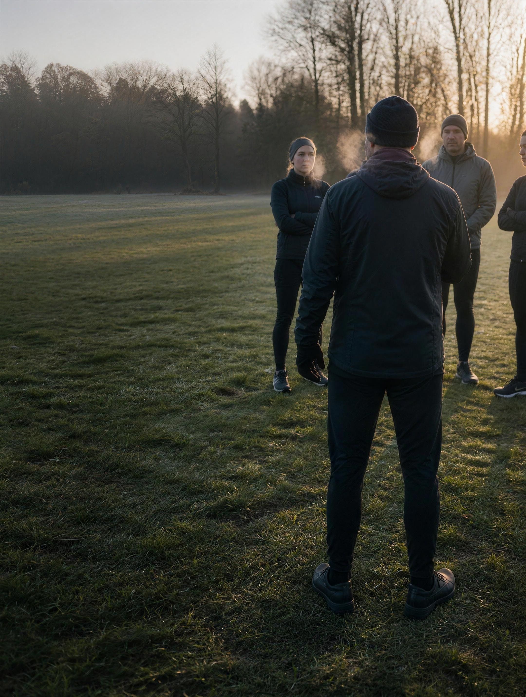 Atmosphere image — a coach seen from behind addressing a small group on frosted grass, at daybreak.