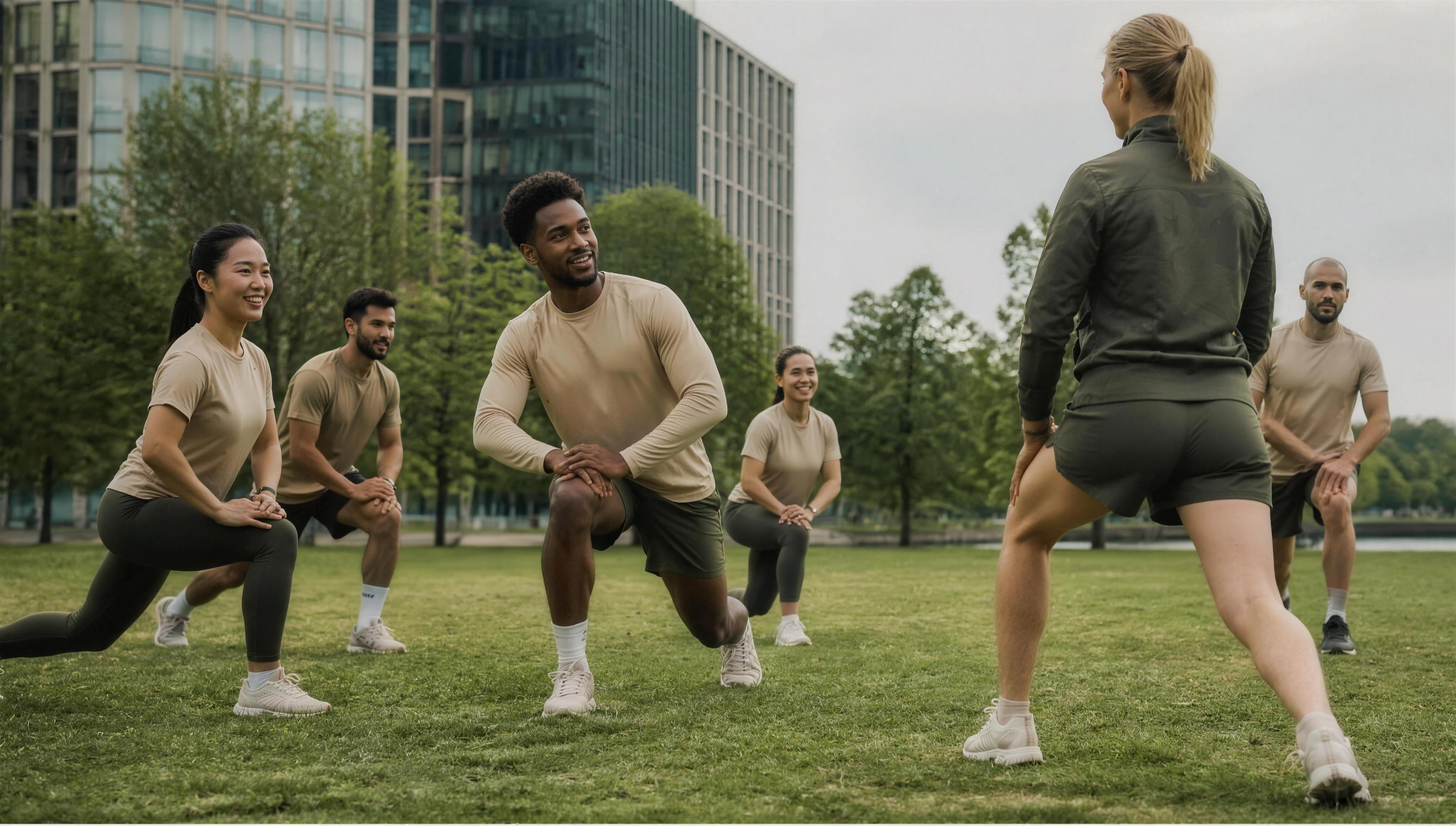 Atmosphere image — a group in sportswear warms up on a lawn between office buildings.