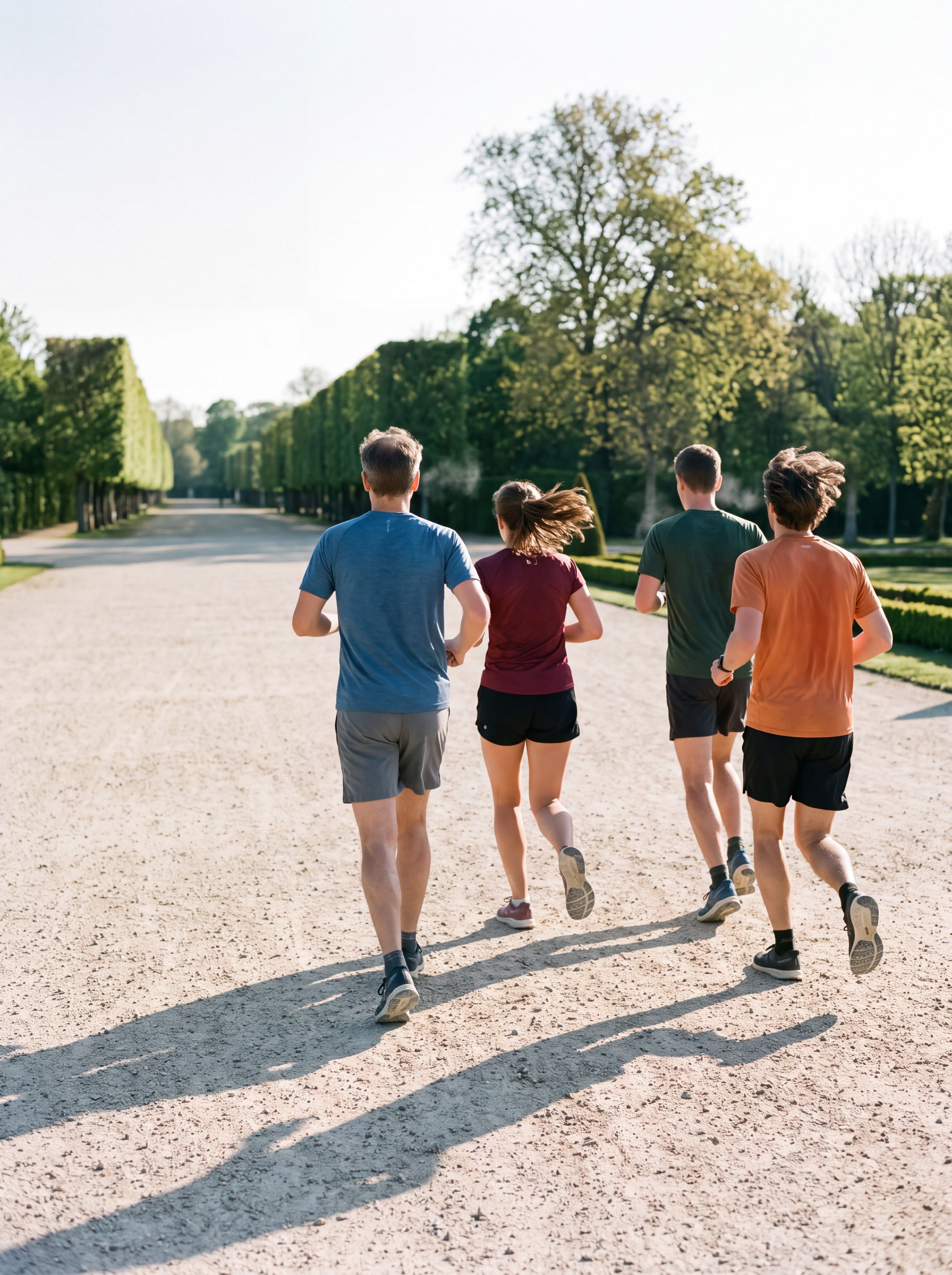 Atmosphere image — a group of runners seen from behind on a gravel avenue, in low morning sun.