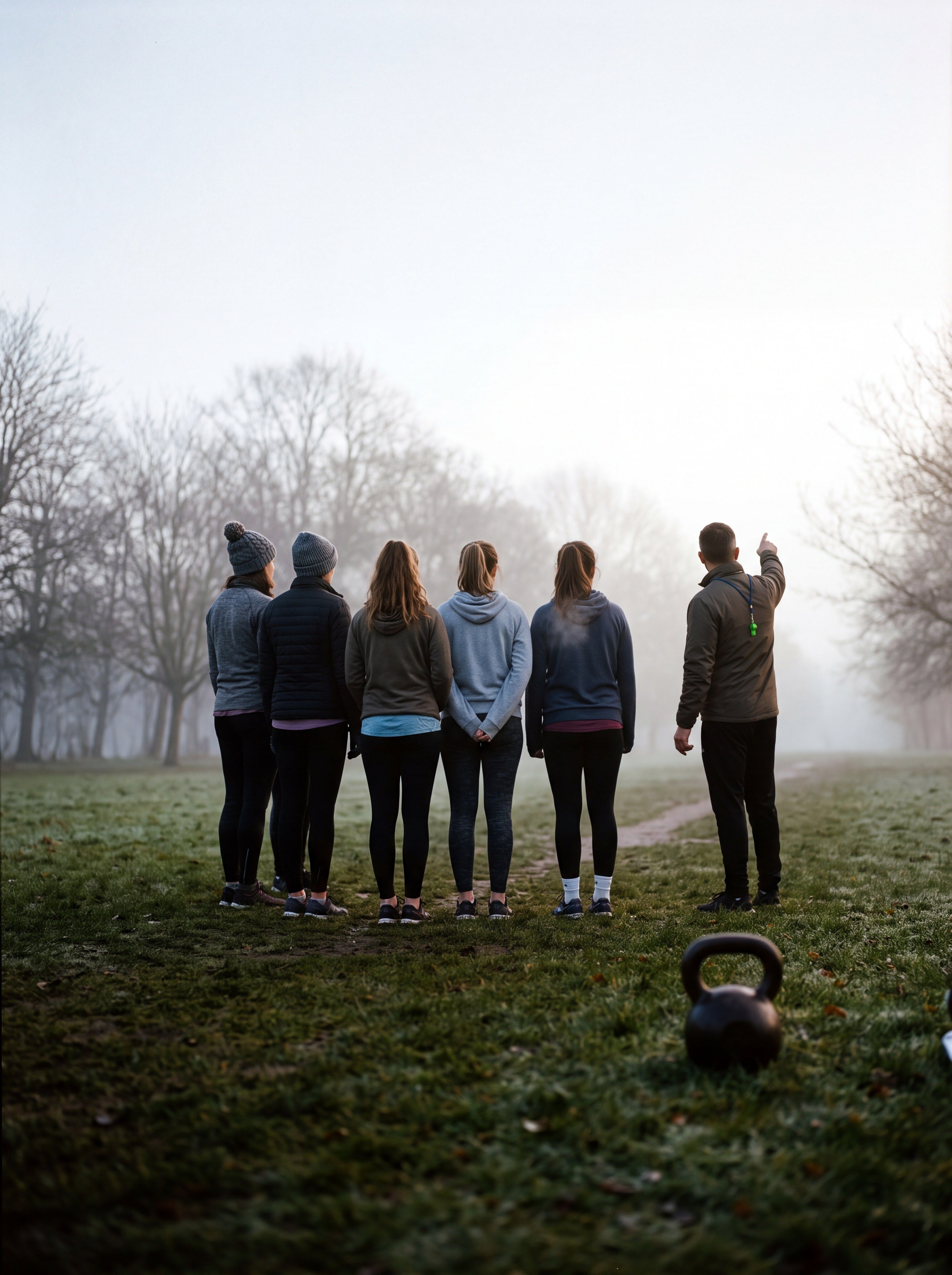 Atmosphere image — a small group trains on a lawn in the mist, a coach standing beside them.