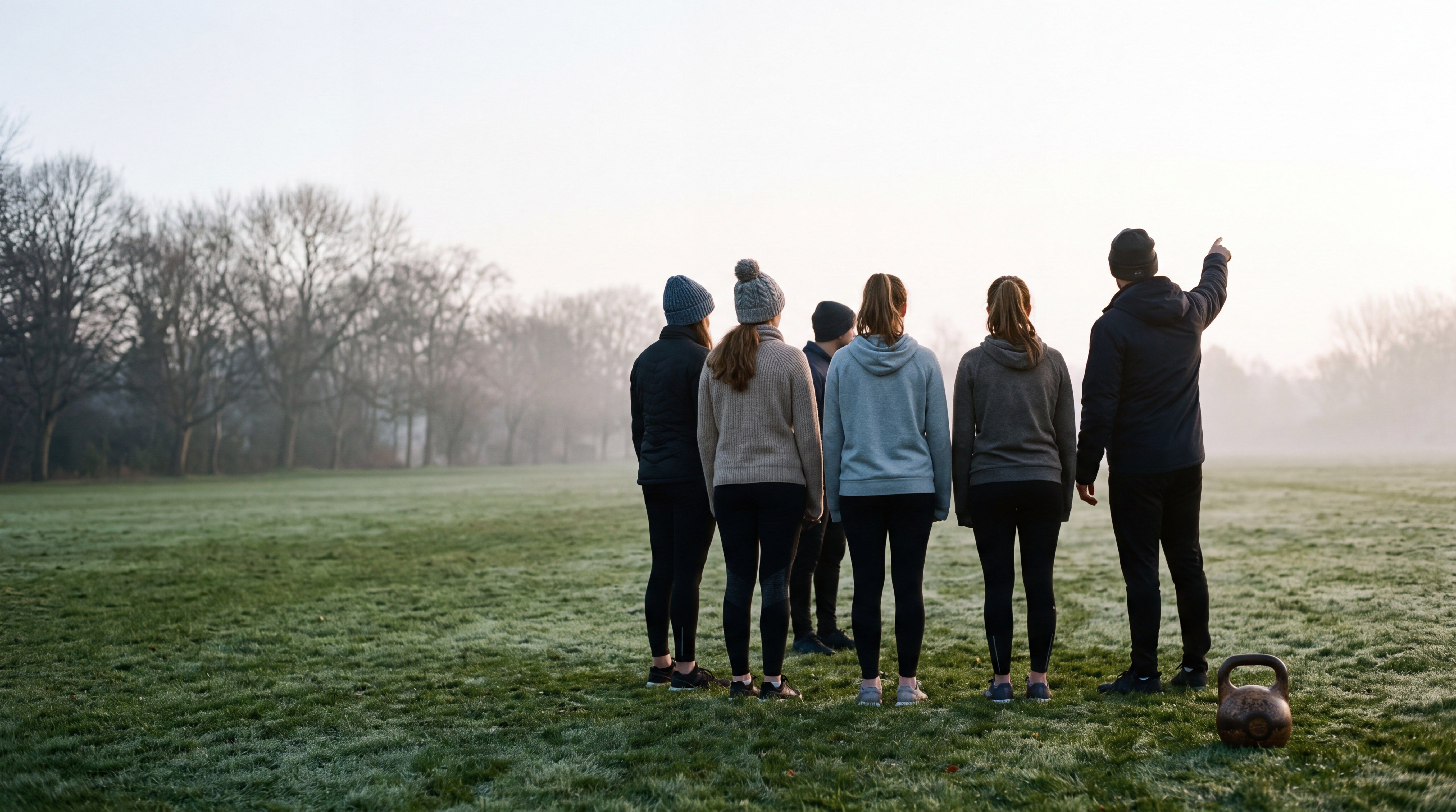 Atmosphere image — a small group trains on a lawn in the mist, a coach standing beside them.