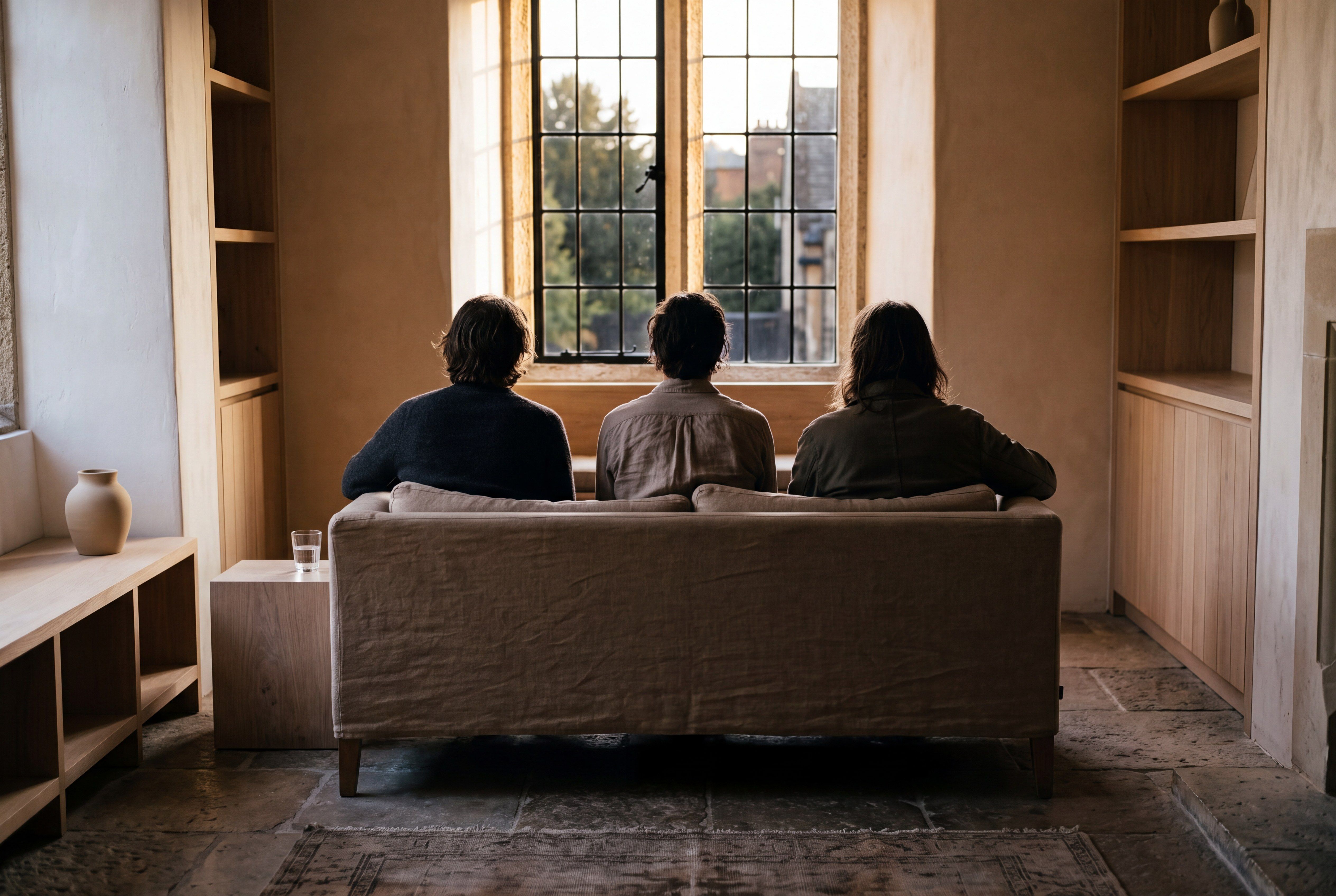 Atmosphere image — a bright living room in the evening light, three people against a tall window.