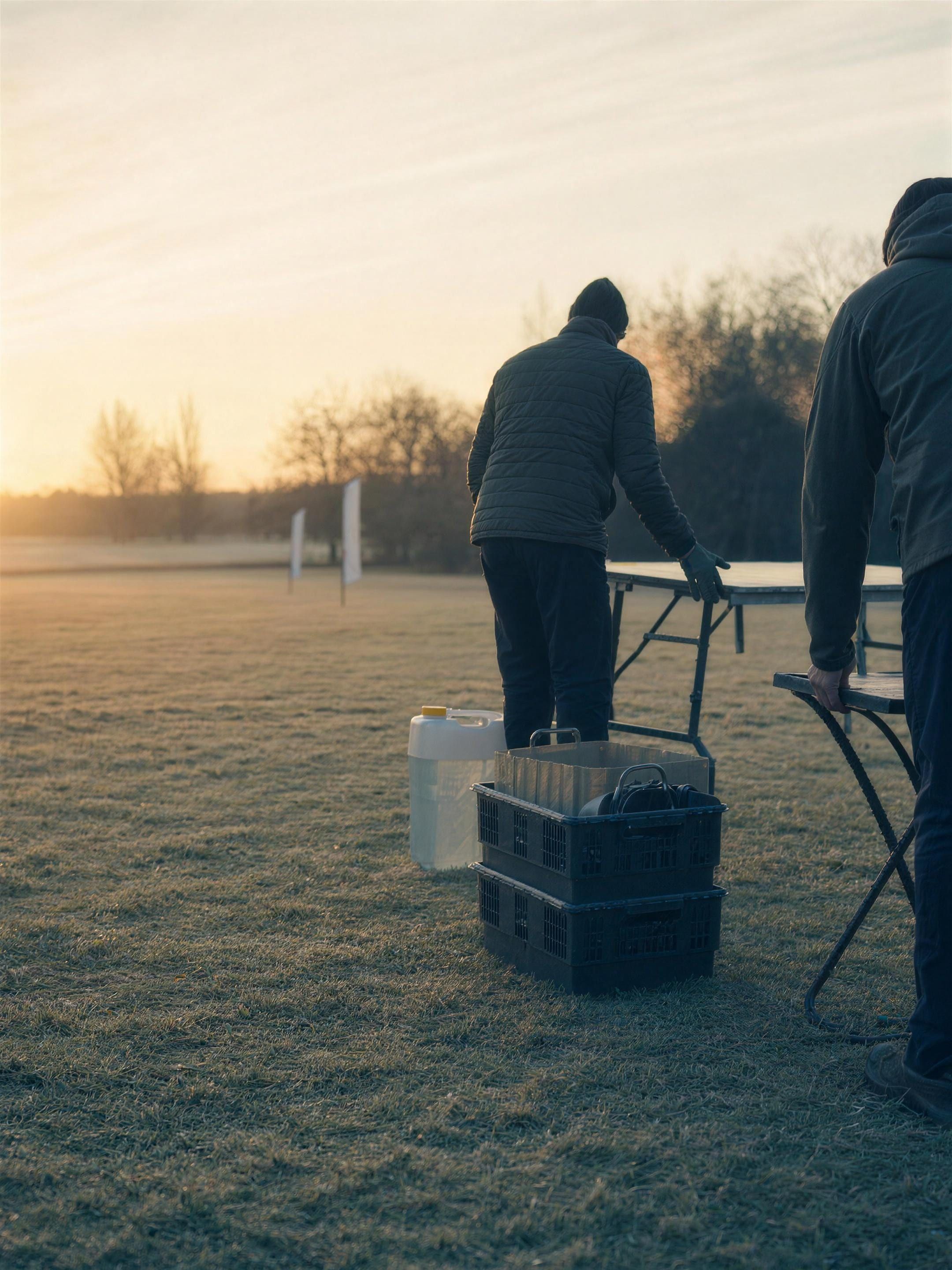 Atmosphere image — two people seen from behind setting up a table on frosted grass at daybreak, crates and a water container beside them.