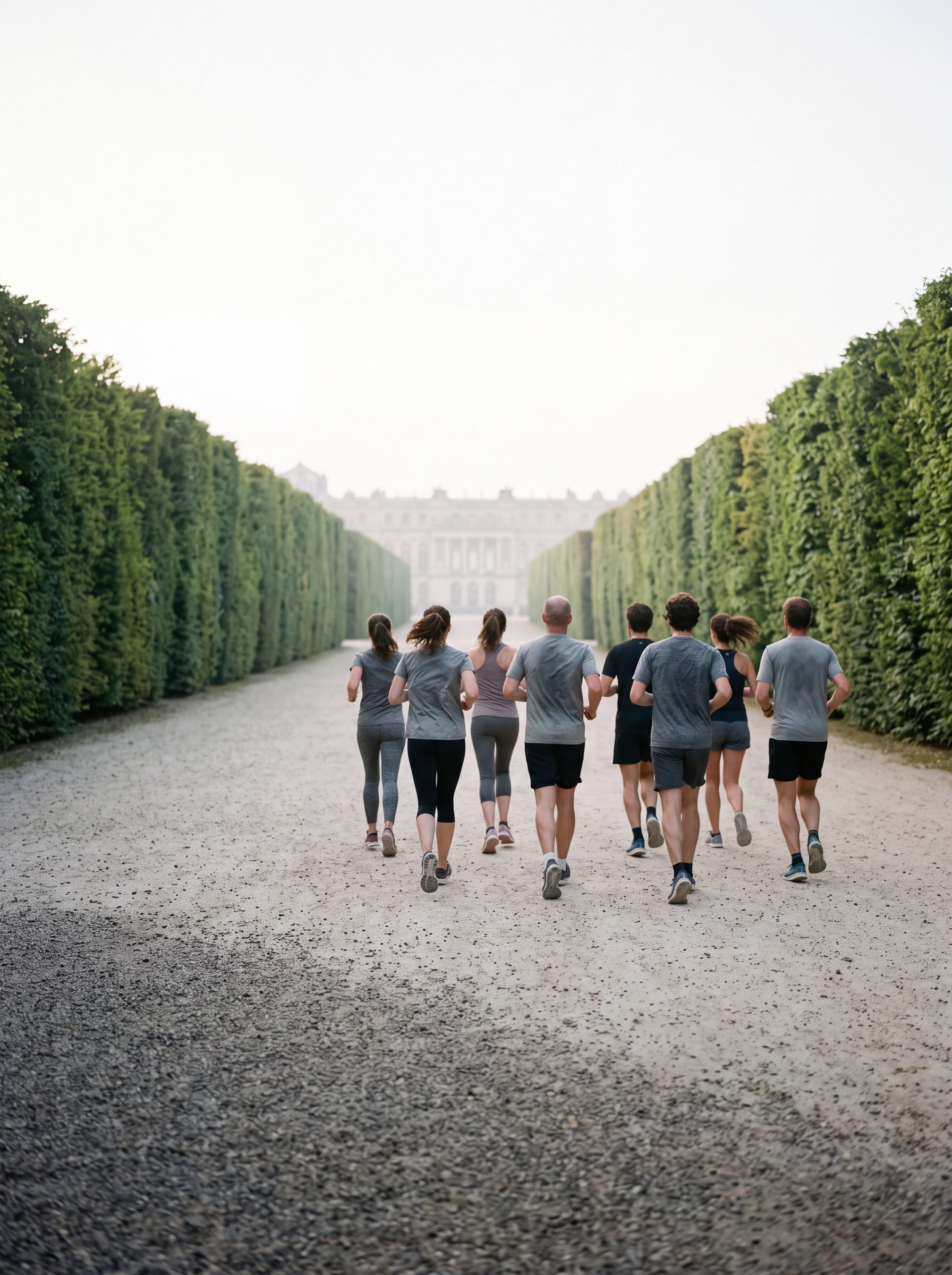 Atmosphere image — runners at dawn on a gravel avenue lined with hornbeam hedges, a classical façade in the mist.
