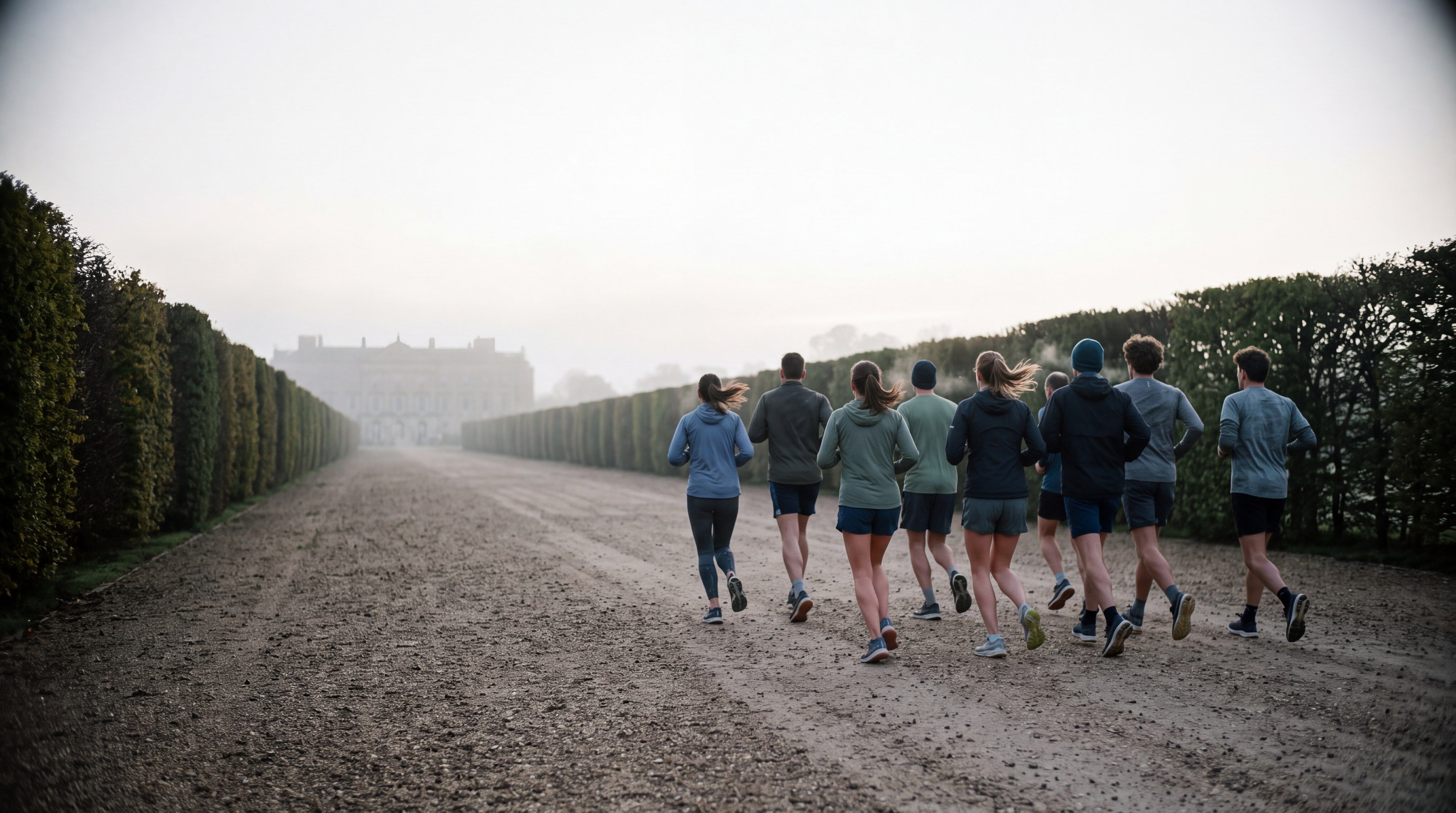 Atmosphere image — runners at dawn on a gravel avenue lined with hornbeam hedges, a classical façade in the mist.