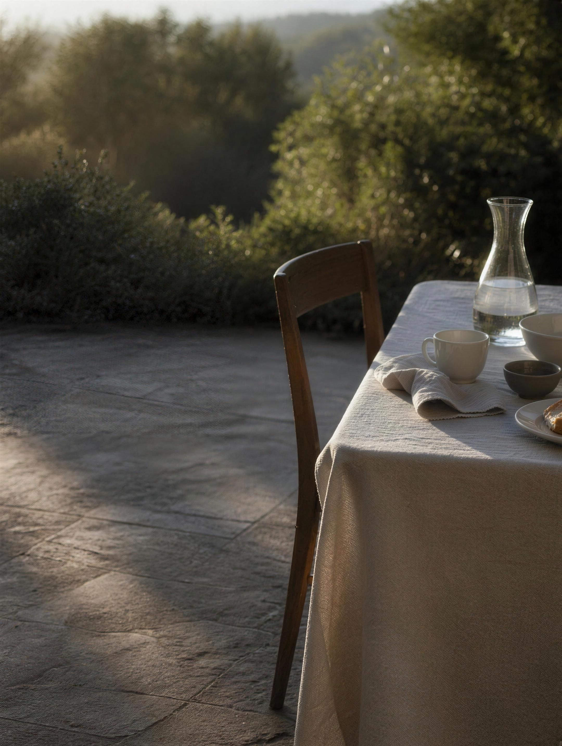 Atmosphere image — a table laid with linen and ceramics on a stone terrace, in low morning sun.