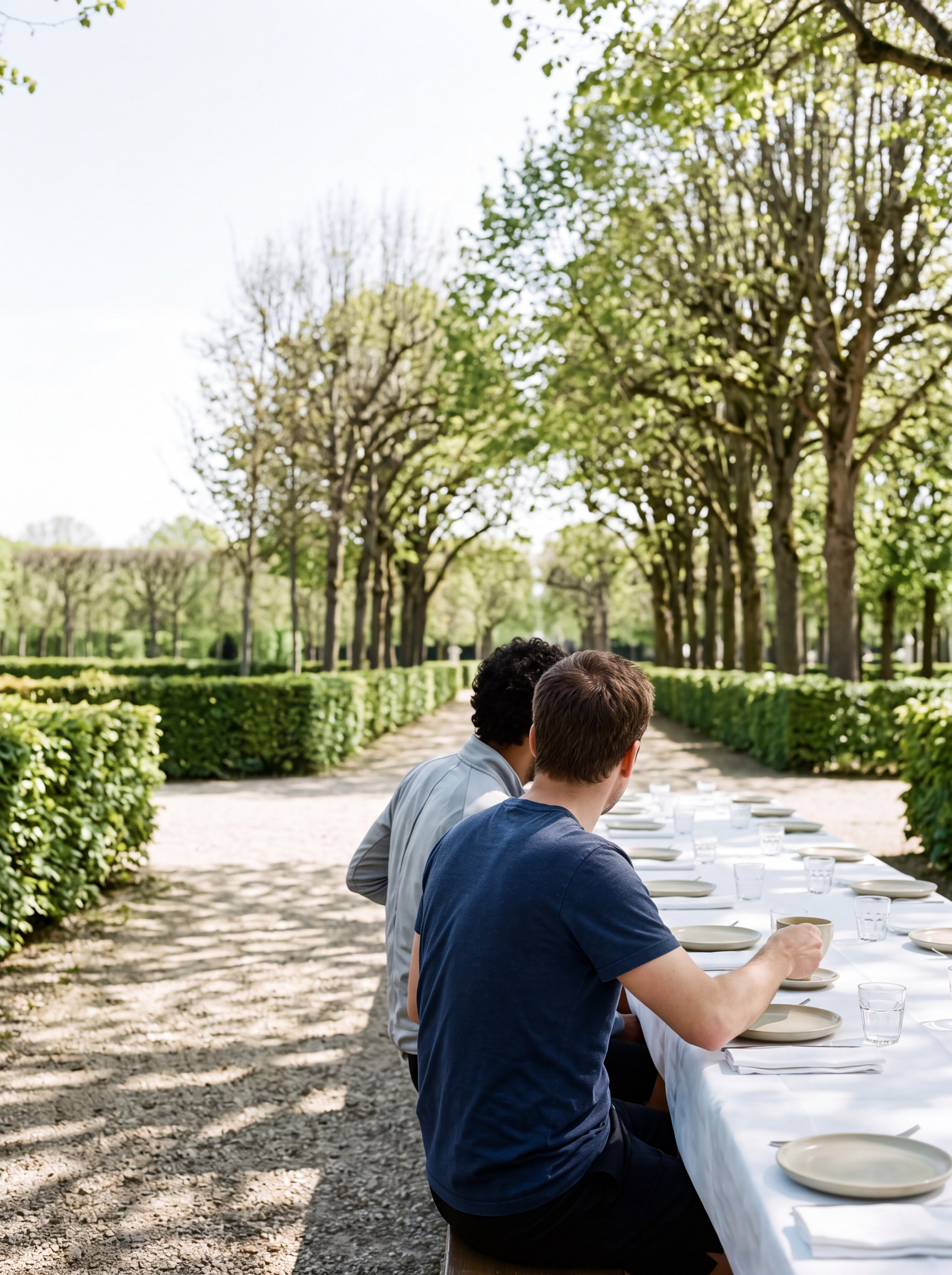 Atmosphere image — a long table laid with linen and ceramics on a gravel path, after the effort.
