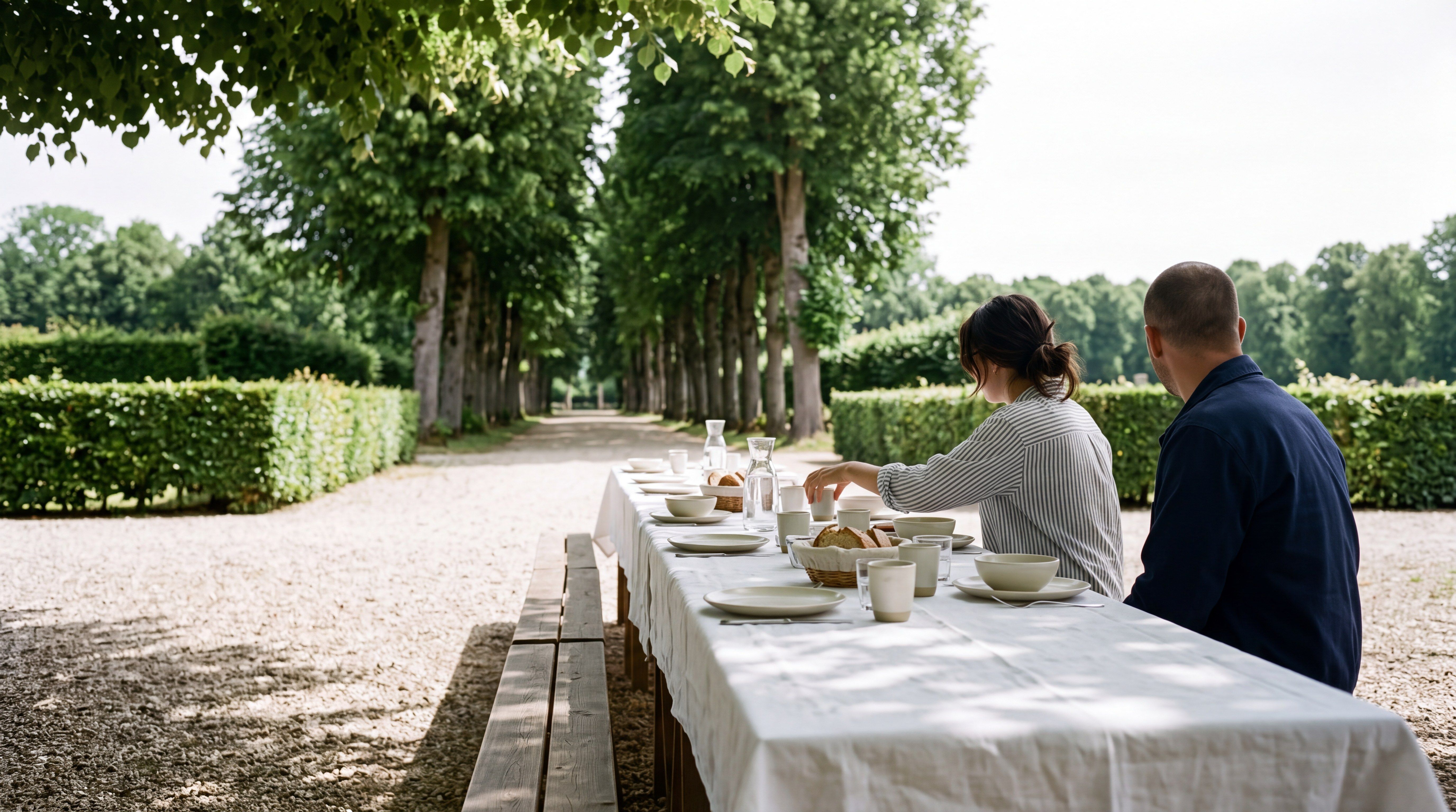 Atmosphere image — a long table laid with linen and ceramics on a gravel path, after the effort.